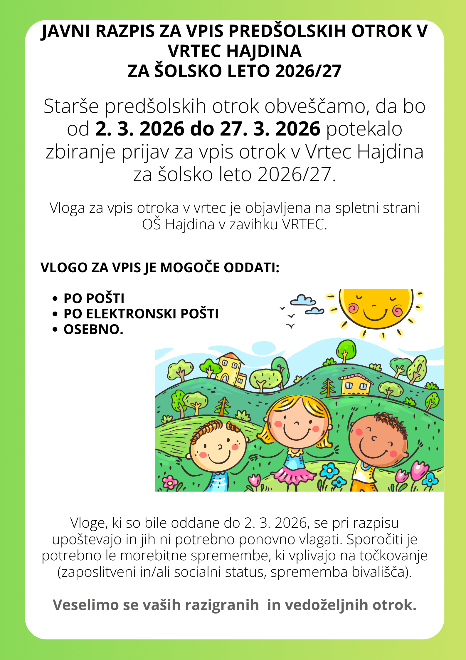 Javni razpis za vpis predšolskih otrok v Vrtec Hajdina za šolsko leto 2026/2027